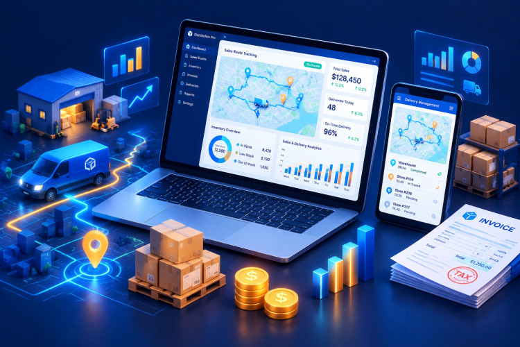 داشبورد نرم افزار پخش مویرگی آریا روی لپتاپ و موبایل همراه با نقشه مسیر ویزیتور، خودروی توزیع و فاکتور فروش